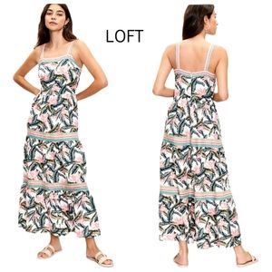 Nwt LOFT Paradise White/Pink/Green Tropical Tiered Sleeveless Maxi Dress